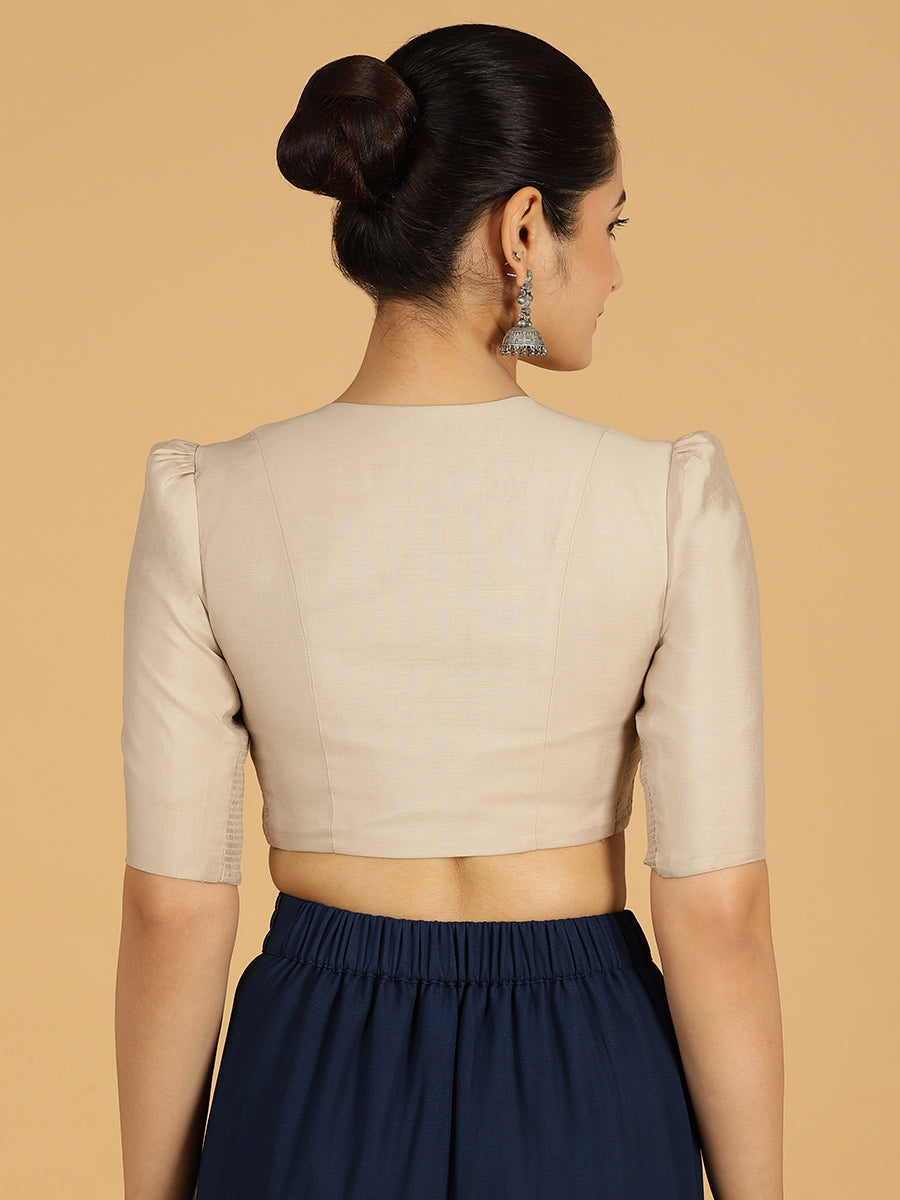 Shravani x Rozaana Saree Blouse, in Grey Viscose, featuring elbow sleeves and v-neckline, made for daily & work (view 2).