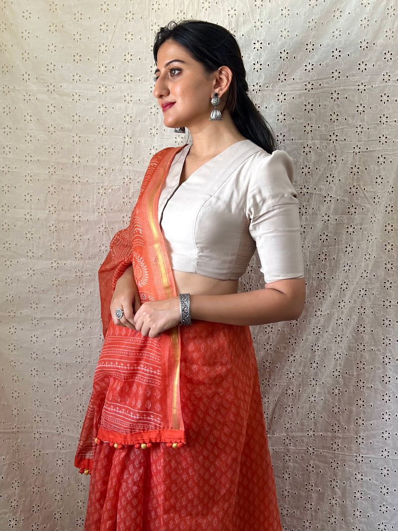 Shravani x Rozaana | Puff Sleeves Saree Blouse in Oyster Grey-Binks