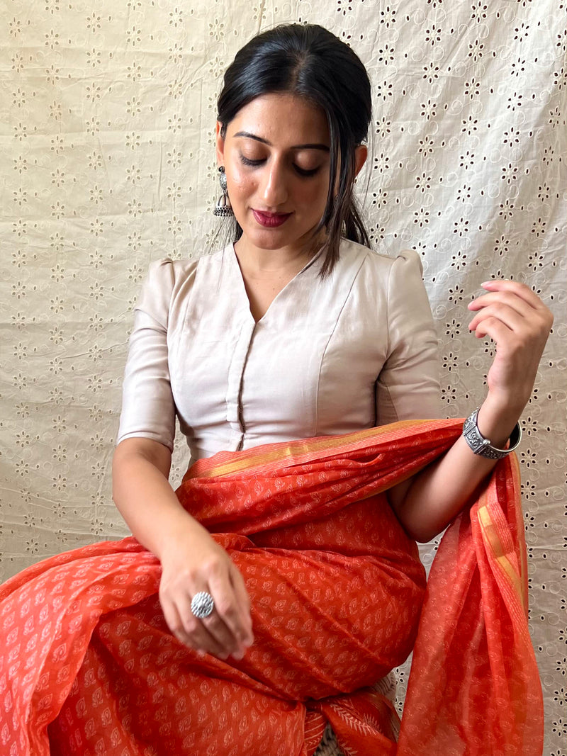 Shravani x Rozaana | Puff Sleeves Saree Blouse in Oyster Grey-Binks