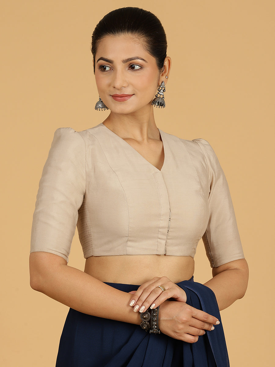 Shravani x Rozaana Saree Blouse, in Grey Viscose, featuring elbow sleeves and v-neckline, made for daily & work (view 8).