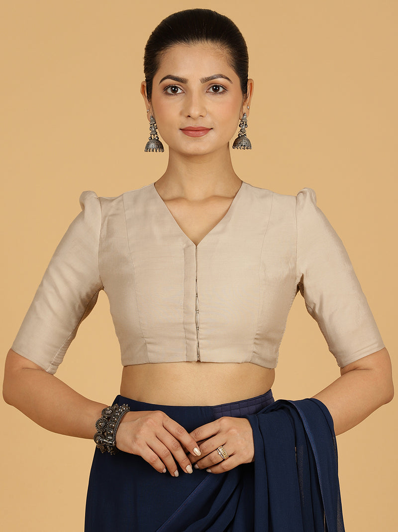 Shravani x Rozaana | Puff Sleeves Saree Blouse in Oyster Grey-Binks