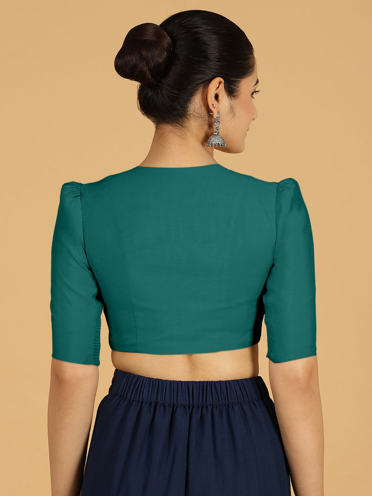 Shravani x Rozaana Saree Blouse, in Green Viscose, featuring elbow sleeves and v-neckline, made for daily & work (view 2).