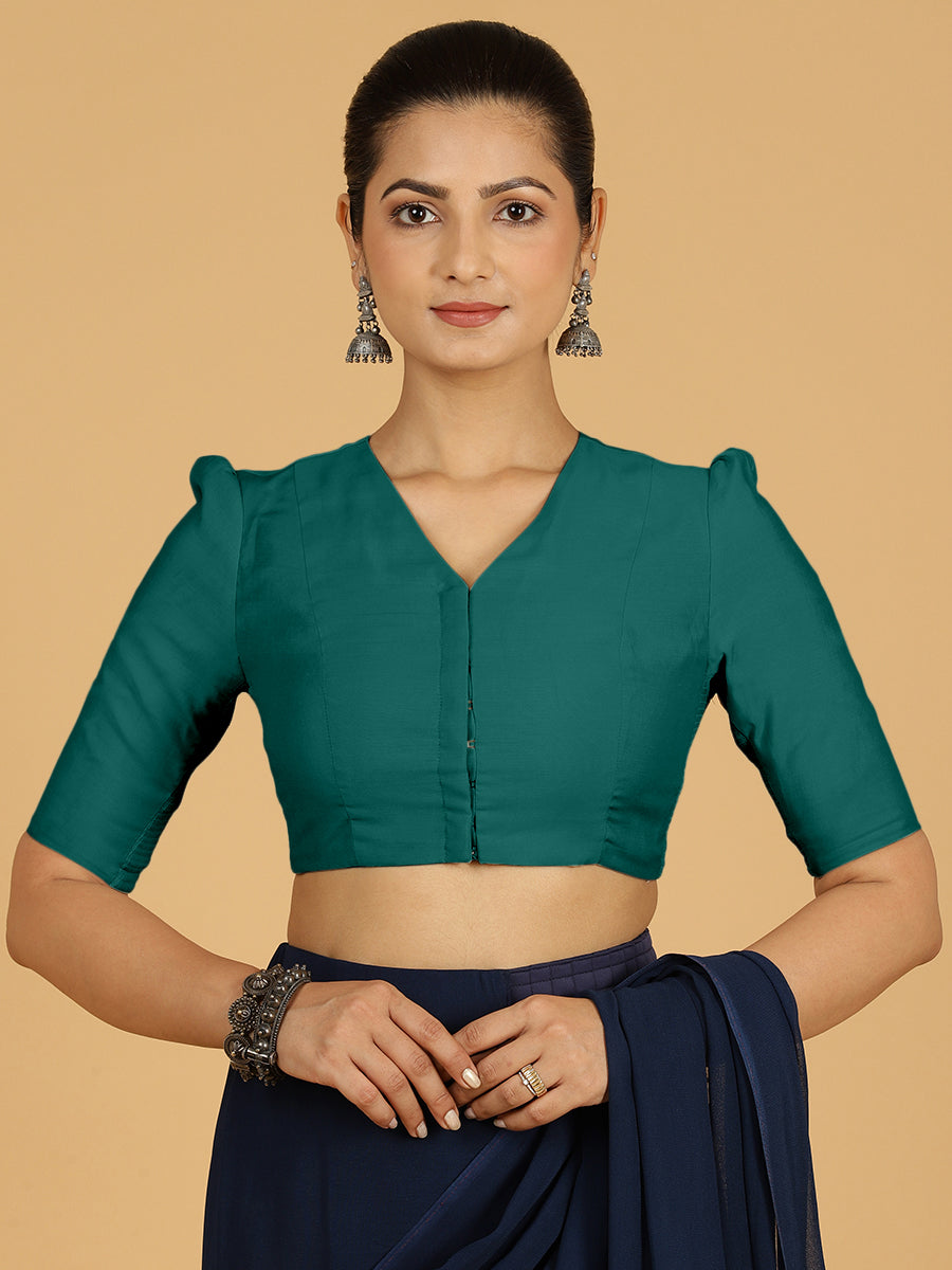 Shravani x Rozaana Saree Blouse, in Green Viscose, featuring elbow sleeves and v-neckline, made for daily & work (view 8).