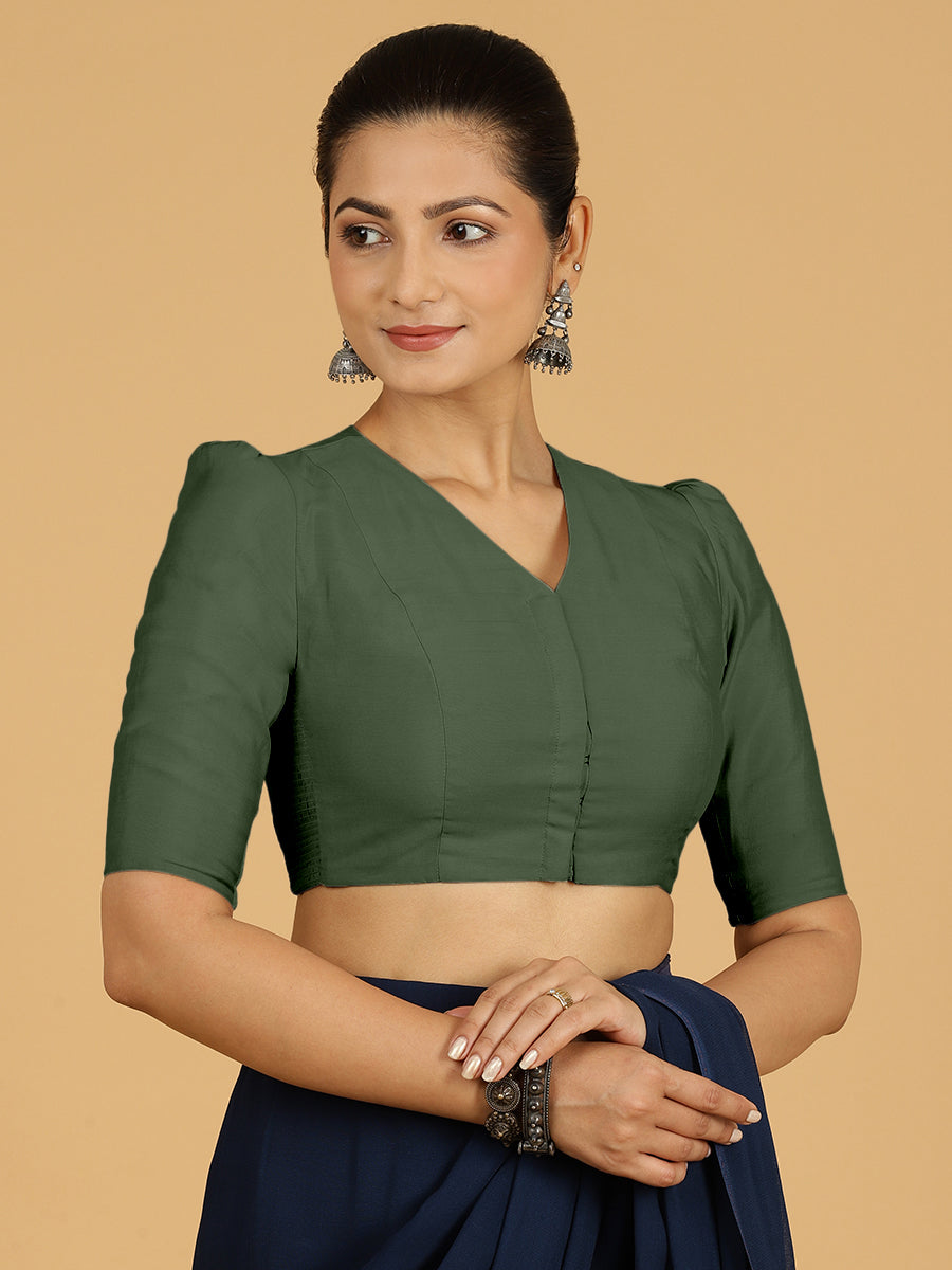 Shravani x Rozaana Saree Blouse, in Green Viscose, featuring elbow sleeves and v-neckline, made for daily & work.
