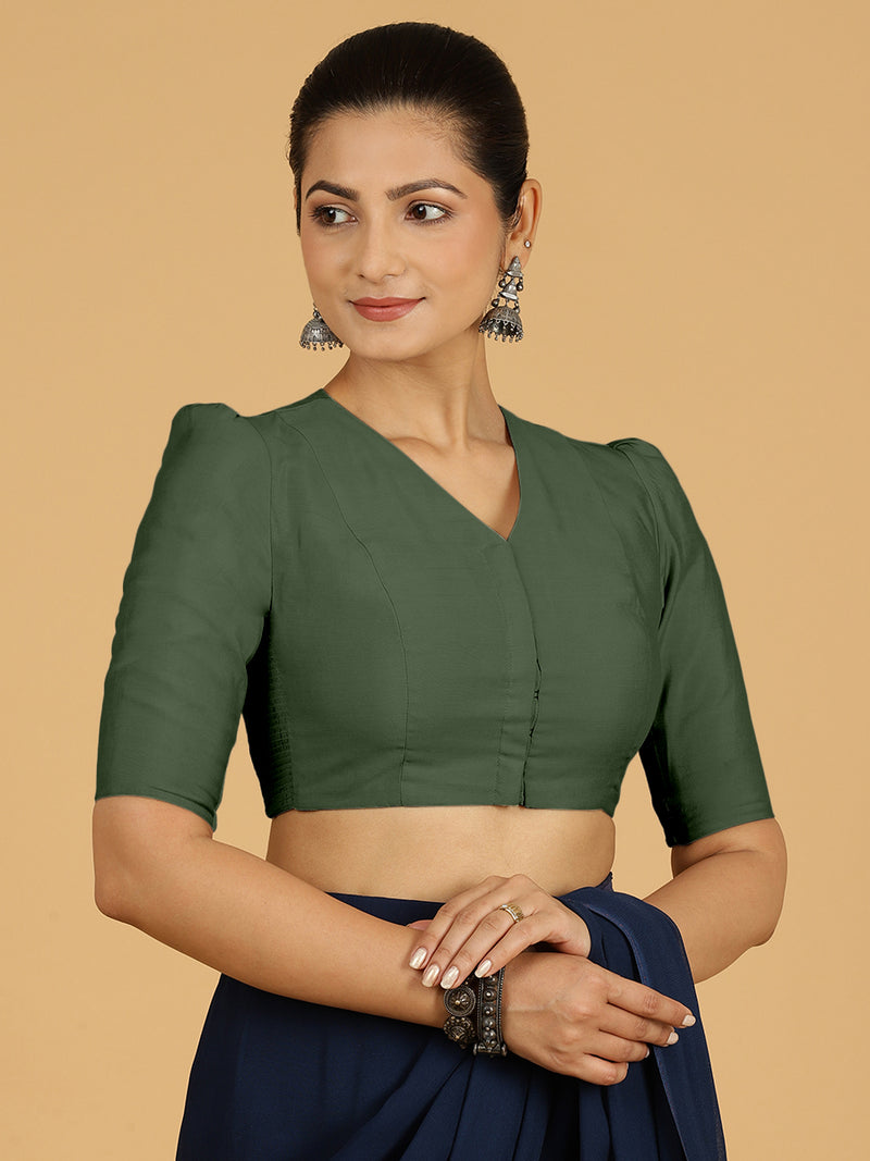 Shravani x Rozaana | Puff Sleeves Saree Blouse in Pine Green-Binks