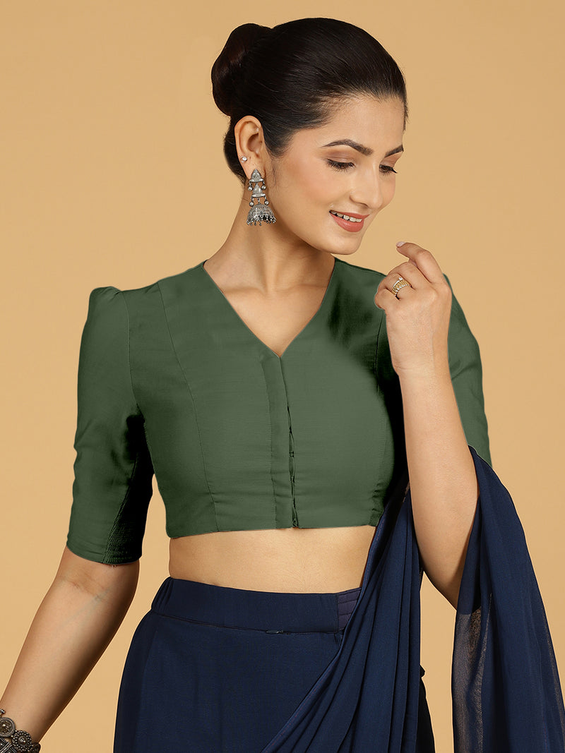 Shravani x Rozaana | Puff Sleeves Saree Blouse in Pine Green-Binks