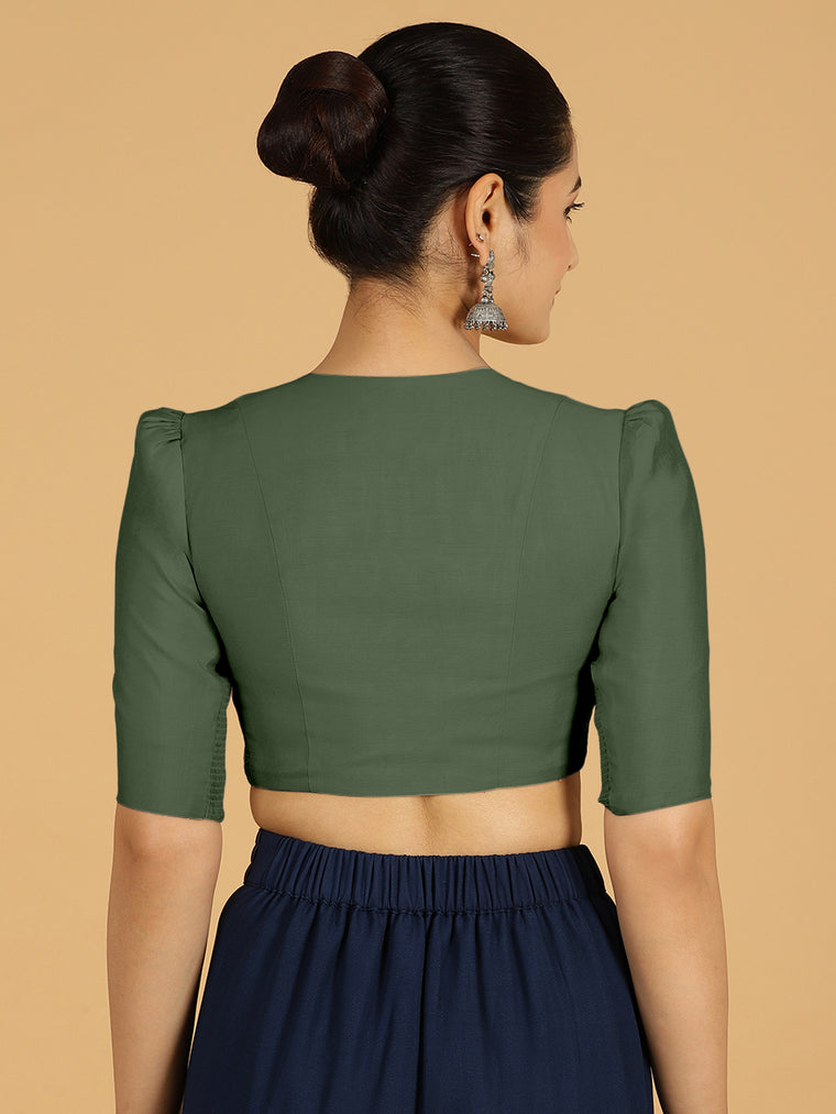 Shravani x Rozaana Saree Blouse, in Green Viscose, featuring elbow sleeves and v-neckline, made for daily & work (view 2).