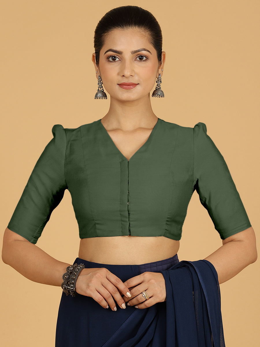 Shravani x Rozaana Saree Blouse, in Green Viscose, featuring elbow sleeves and v-neckline, made for daily & work (view 8).