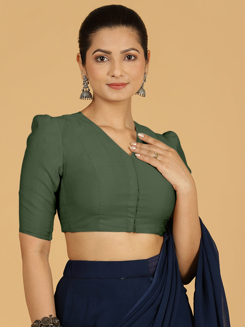Shravani x Rozaana | Puff Sleeves Saree Blouse in Pine Green-Binks