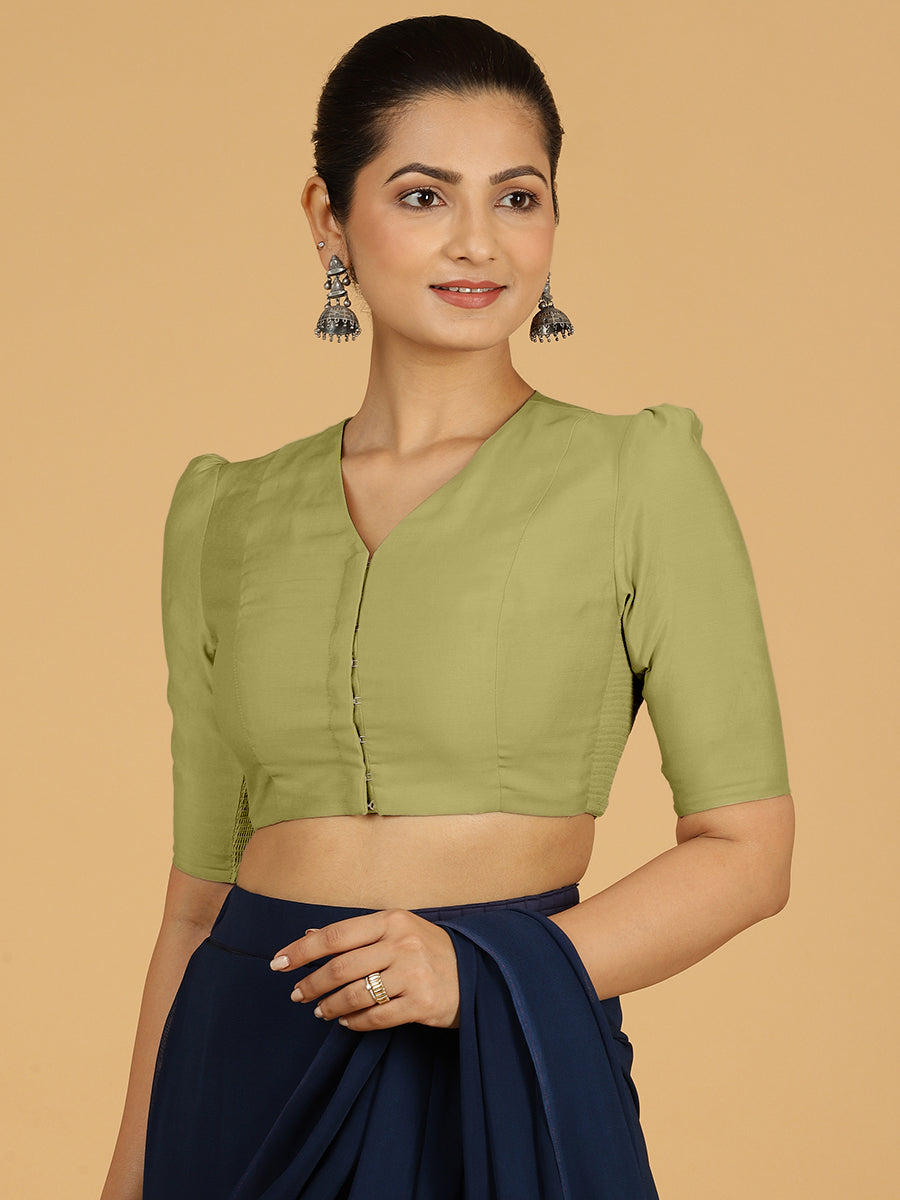 Shravani x Rozaana Saree Blouse, in Green Viscose, featuring elbow sleeves and v-neckline, made for daily & work.