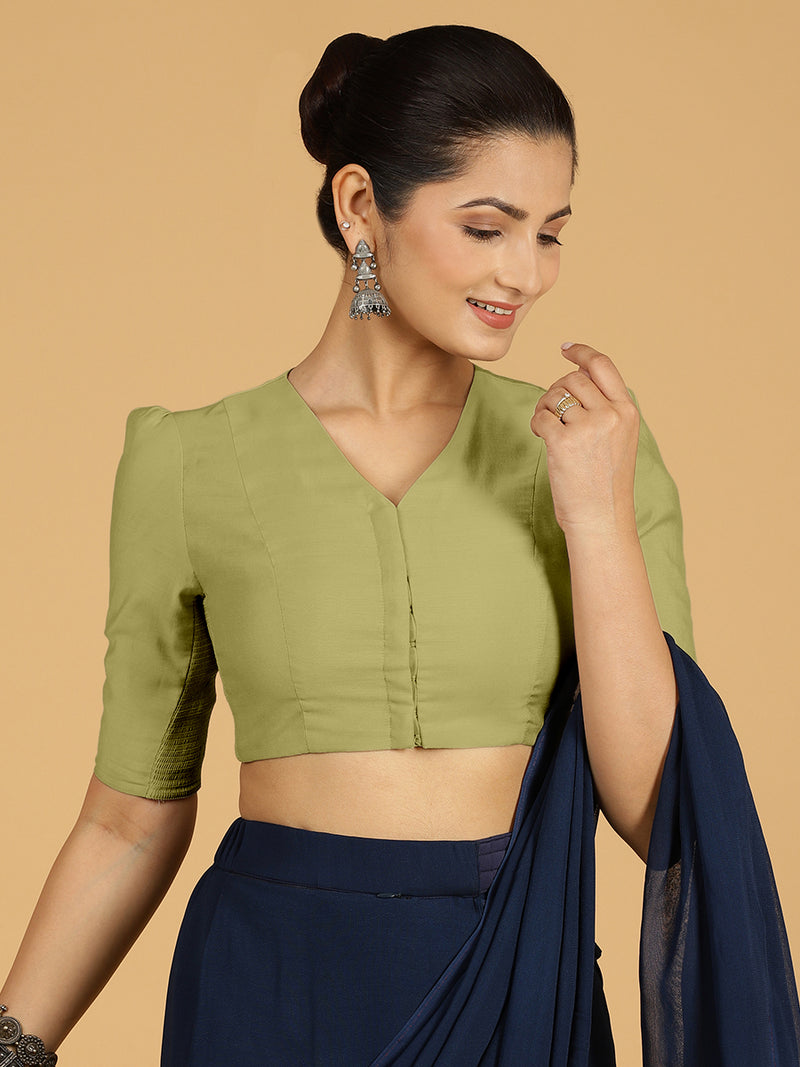 Shravani x Rozaana | Puff Sleeves Saree Blouse in Pista Green-Binks