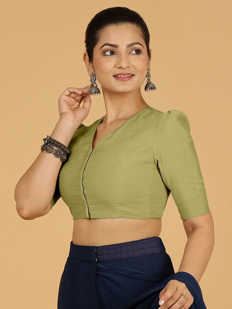 Shravani x Rozaana | Puff Sleeves Saree Blouse in Pista Green-Binks