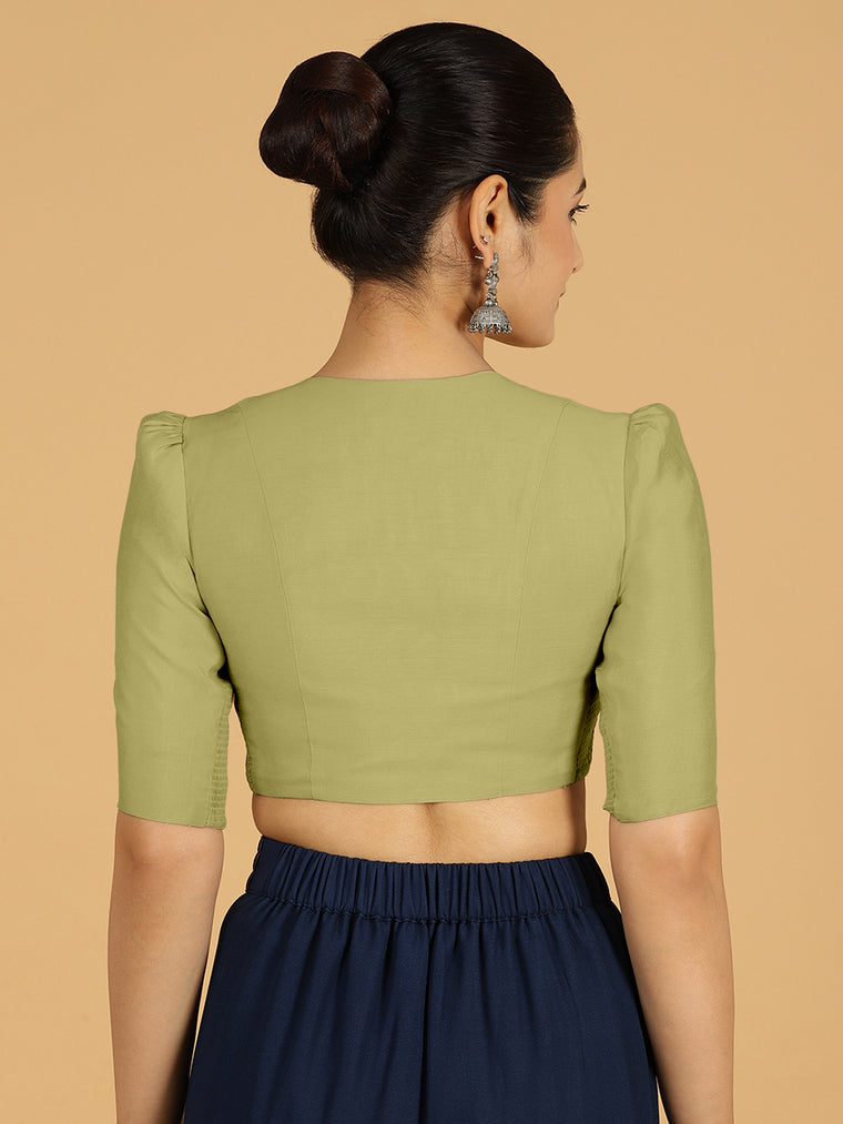 Shravani x Rozaana Saree Blouse, in Green Viscose, featuring elbow sleeves and v-neckline, made for daily & work (view 2).