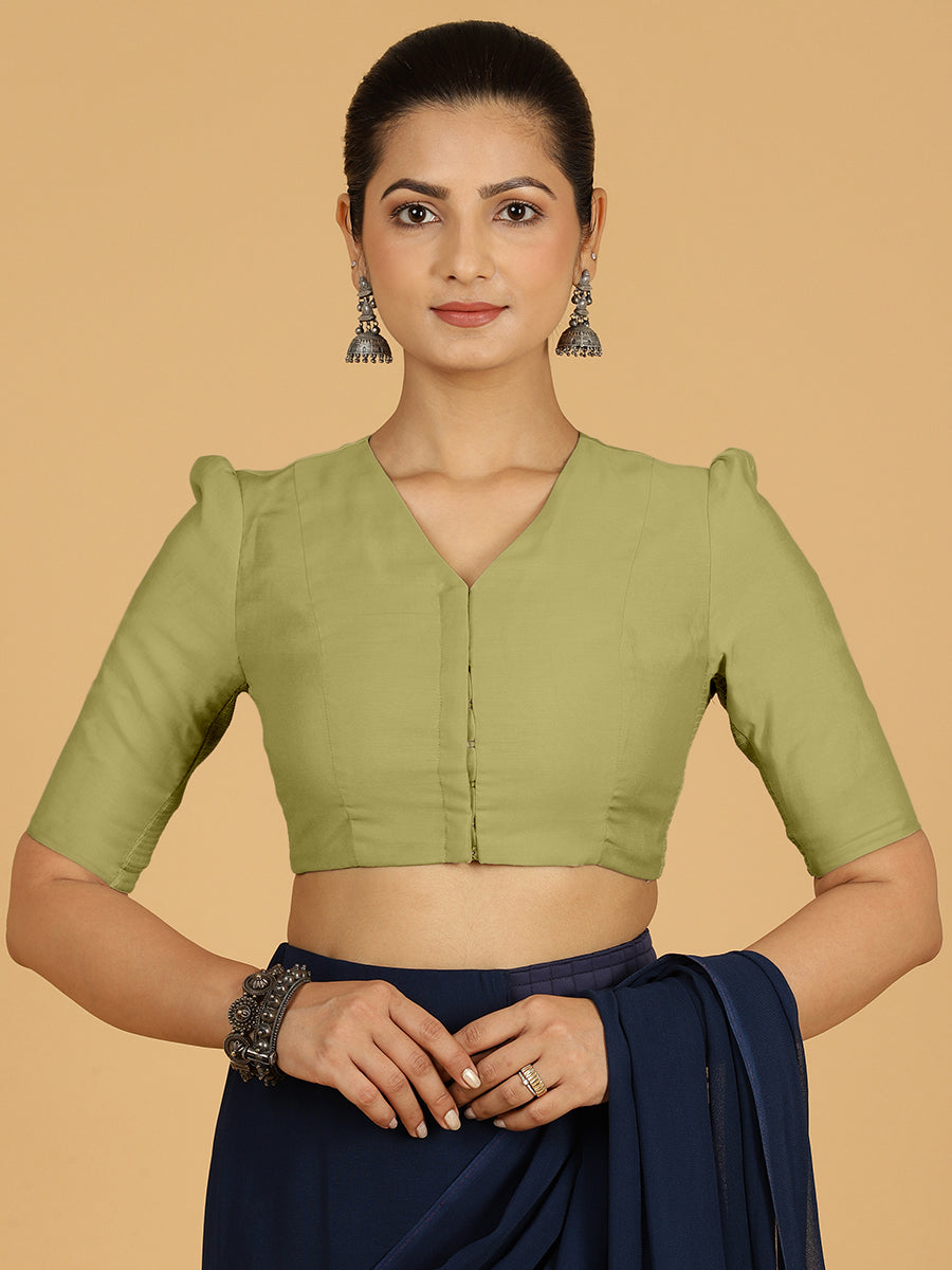 Shravani x Rozaana Saree Blouse, in Green Viscose, featuring elbow sleeves and v-neckline, made for daily & work (view 8).
