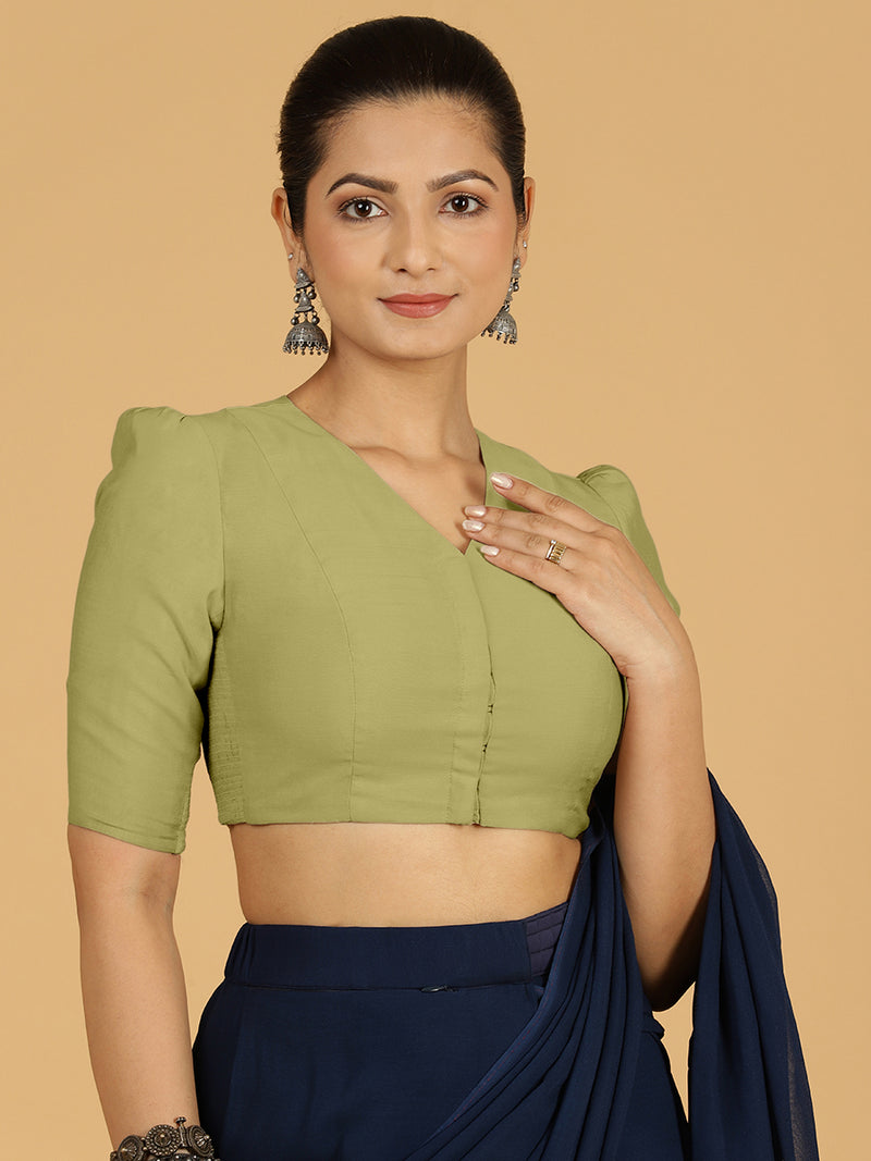 Shravani x Rozaana | Puff Sleeves Saree Blouse in Pista Green-Binks