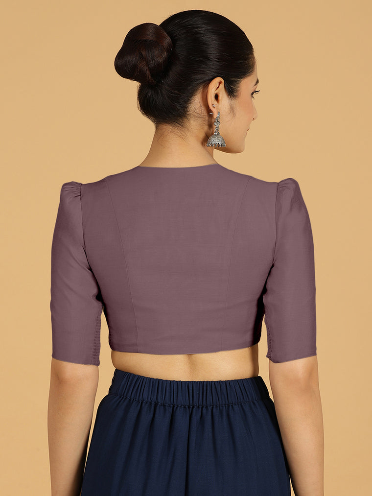 Shravani x Rozaana Saree Blouse, in Purple Viscose, featuring elbow sleeves and v-neckline, made for daily & work (view 2).
