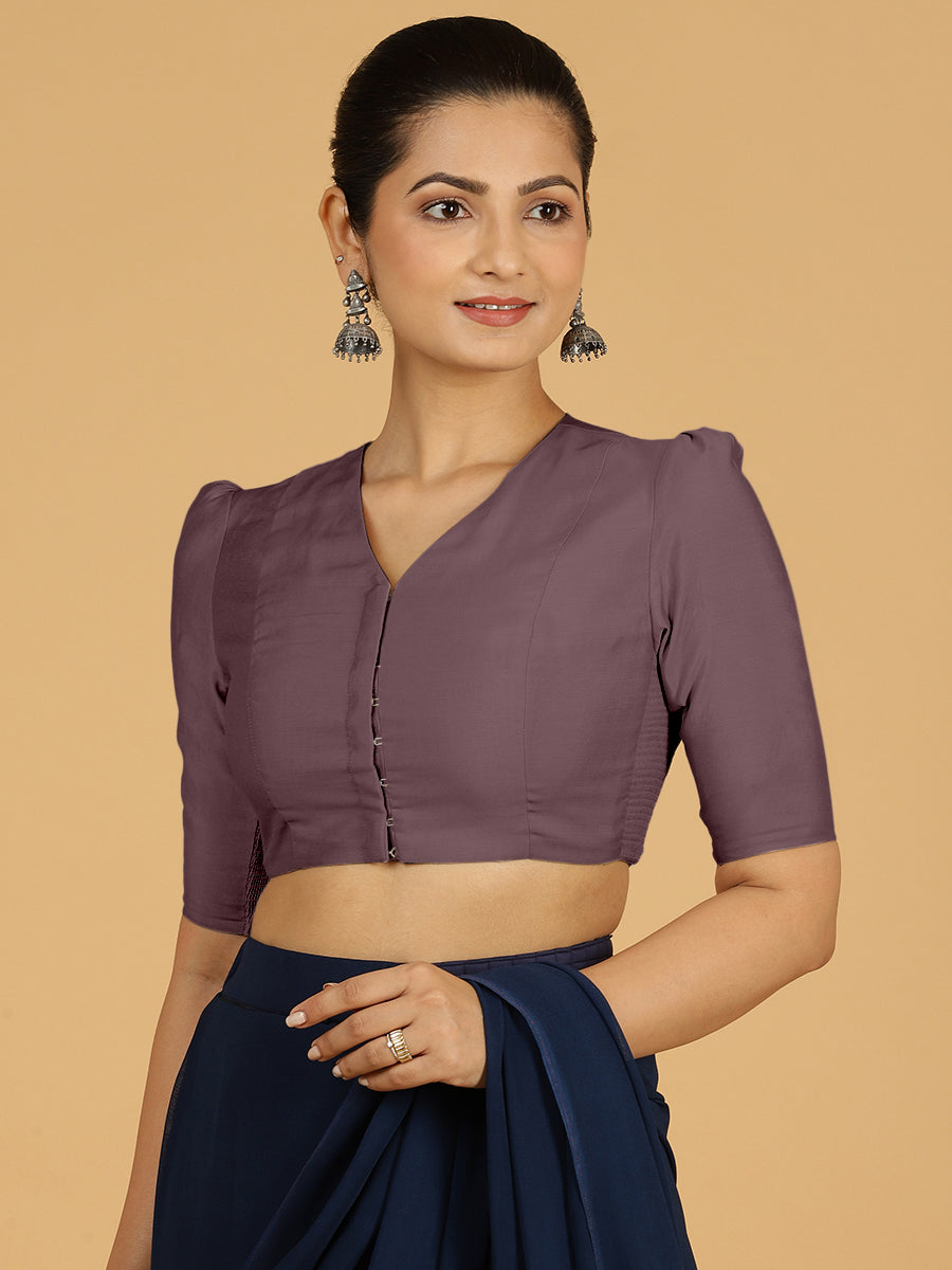 Shravani x Rozaana Saree Blouse, in Purple Viscose, featuring elbow sleeves and v-neckline, made for daily & work (view 8).