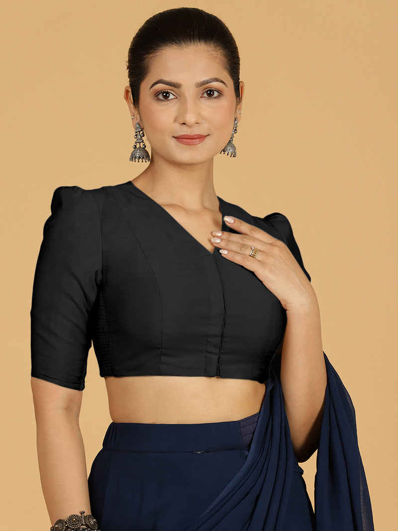 Shravani x Rozaana | Puff Sleeves Saree Blouse in Raven Black-Binks