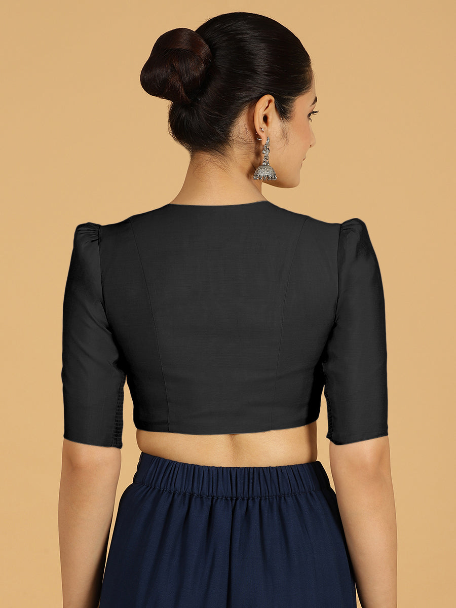 Shravani x Rozaana Saree Blouse, in Black Viscose, featuring elbow sleeves and v-neckline, made for daily & work (view 2).