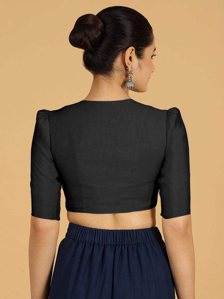Shravani x Rozaana Saree Blouse, in Black Viscose, featuring elbow sleeves and v-neckline, made for daily & work (view 2).