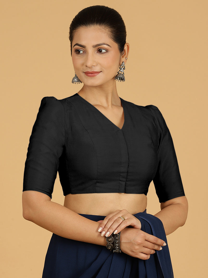 Shravani x Rozaana | Puff Sleeves Saree Blouse in Raven Black-Binks