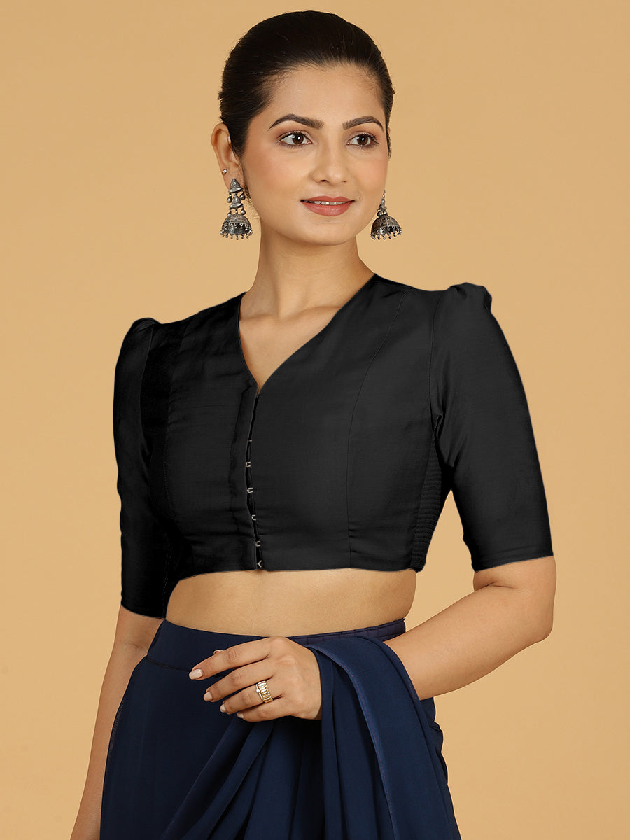 Shravani x Rozaana Saree Blouse, in Black Viscose, featuring elbow sleeves and v-neckline, made for daily & work (view 8).
