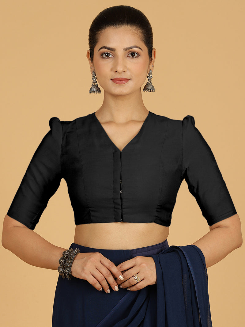 Shravani x Rozaana | Puff Sleeves Saree Blouse in Raven Black-Binks