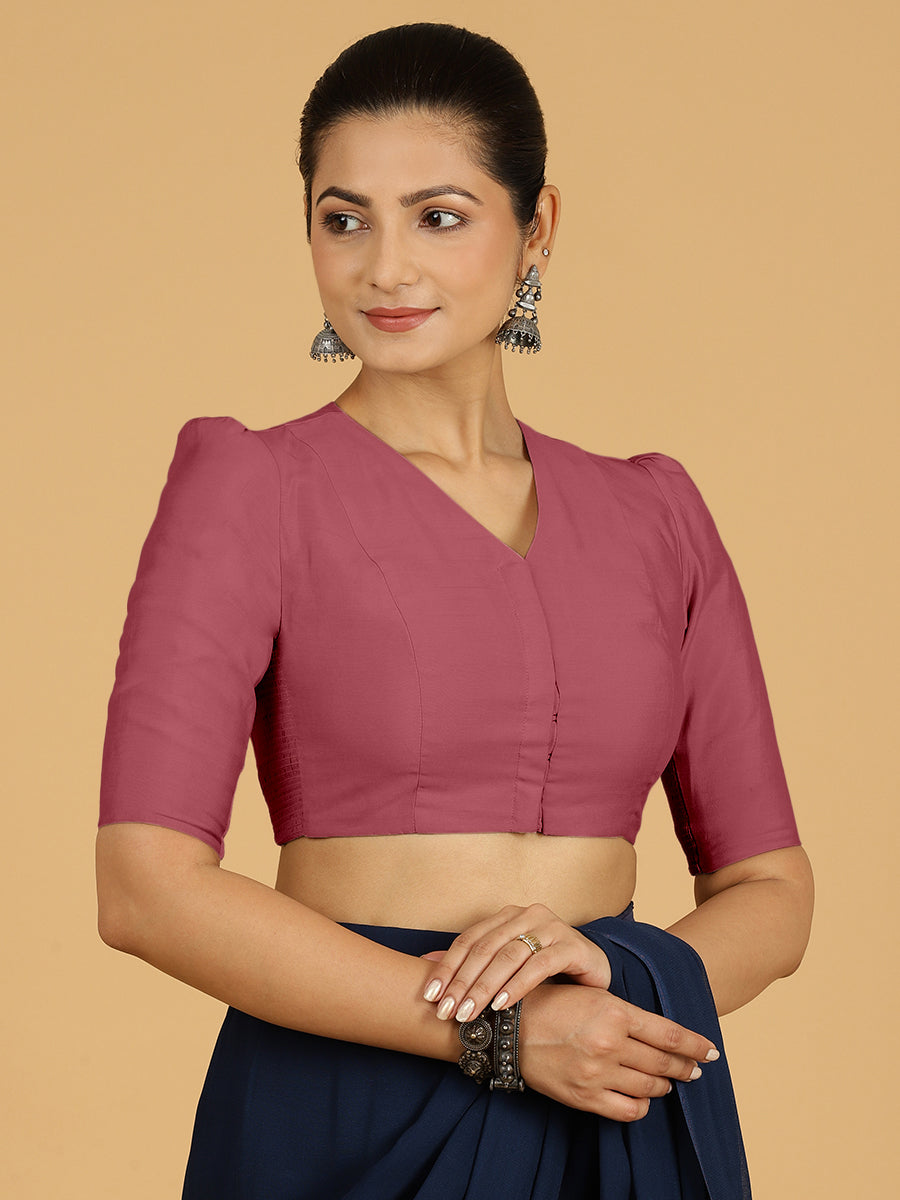 Shravani x Rozaana Saree Blouse, in Pink Viscose, featuring elbow sleeves and v-neckline, made for daily & work (view 7).
