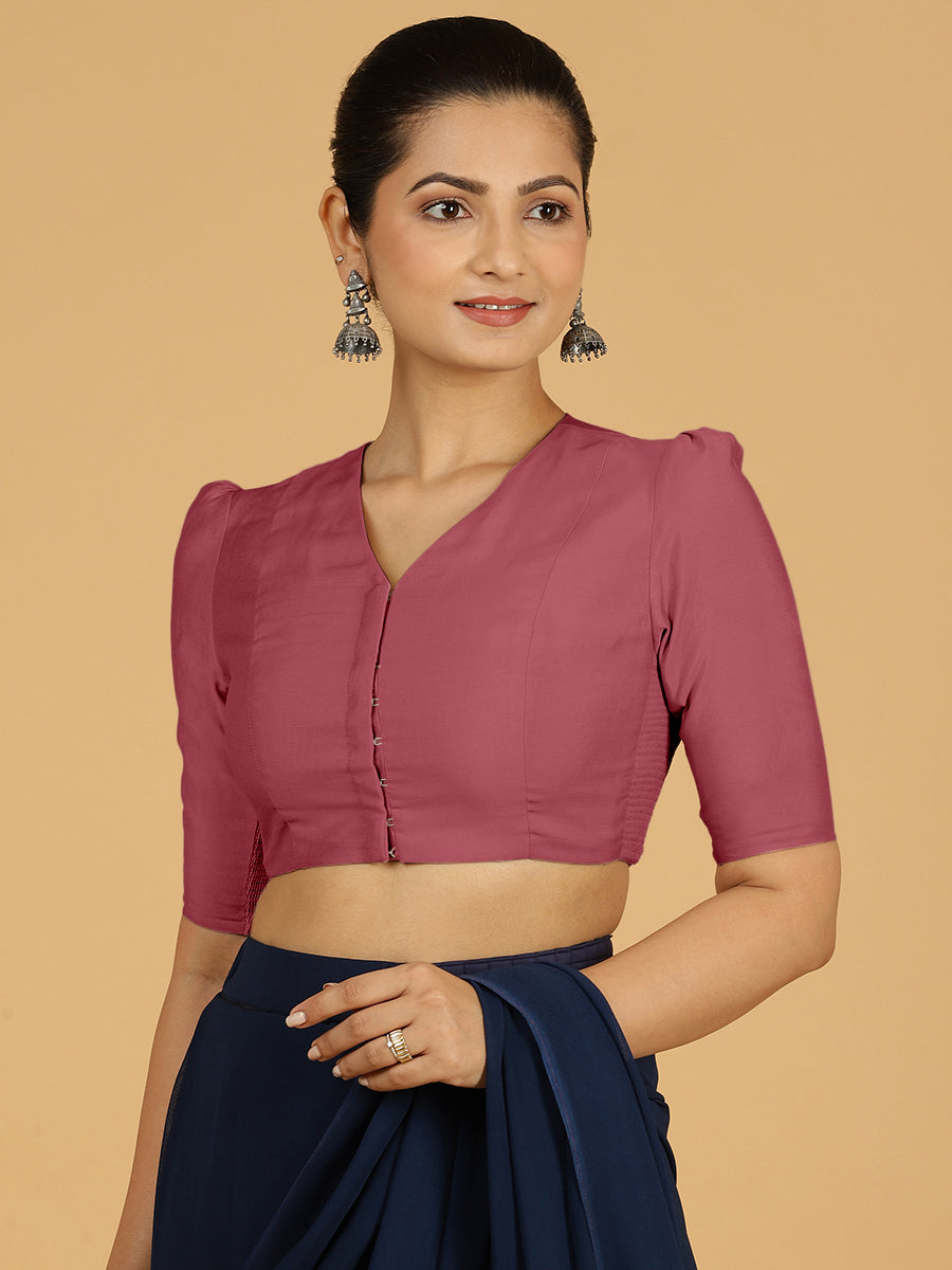 Shravani x Rozaana Saree Blouse, in Pink Viscose, featuring elbow sleeves and v-neckline, made for daily & work (view 8).