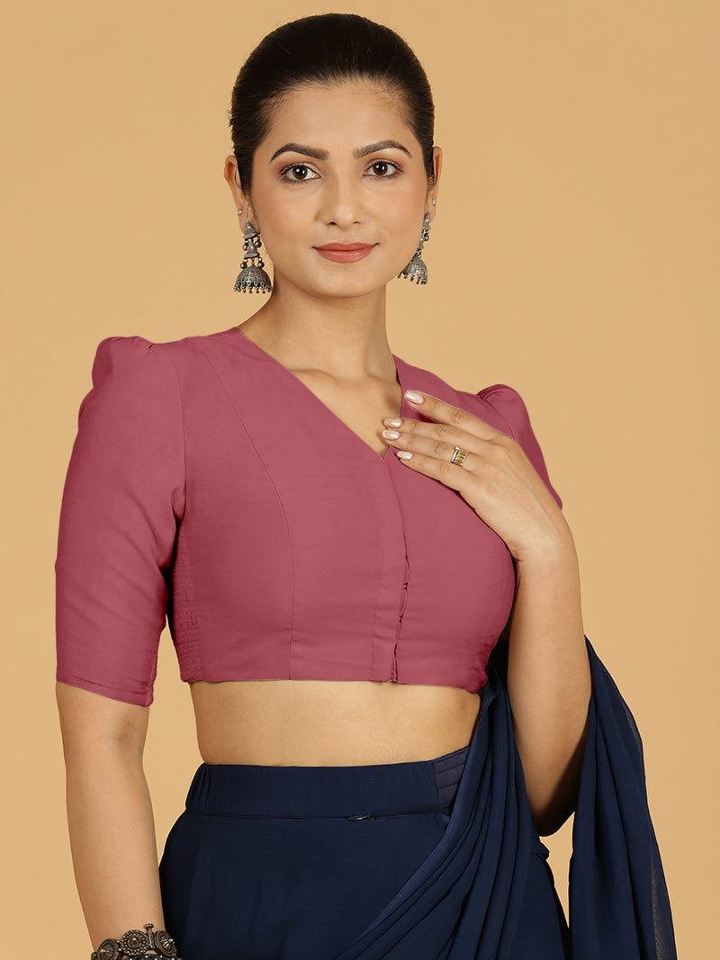 Shravani x Rozaana | Puff Sleeves Saree Blouse in Rose Pink-Binks