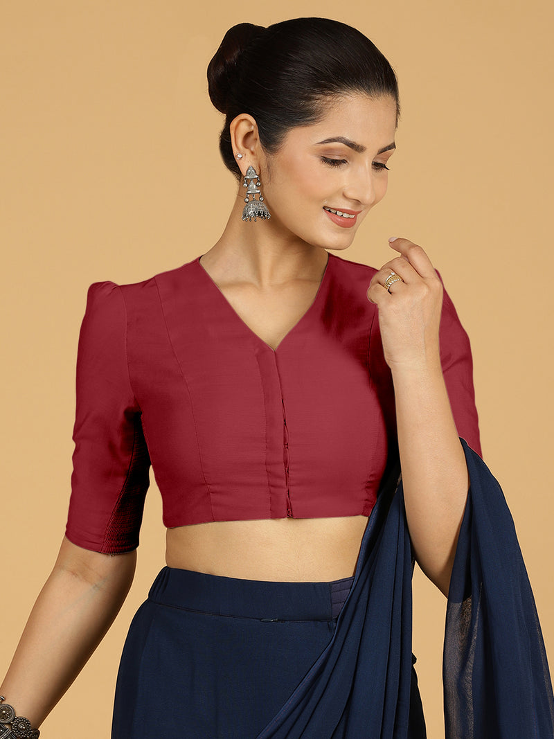Shravani x Rozaana | Puff Sleeves Saree Blouse in Scarlet Red-Binks