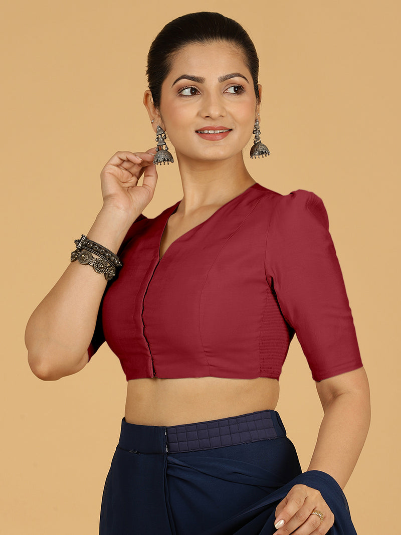 Shravani x Rozaana | Puff Sleeves Saree Blouse in Scarlet Red-Binks