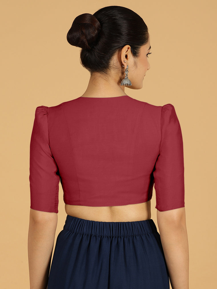 Shravani x Rozaana Saree Blouse, in Red Viscose, featuring elbow sleeves and v-neckline, made for daily & work (view 2).