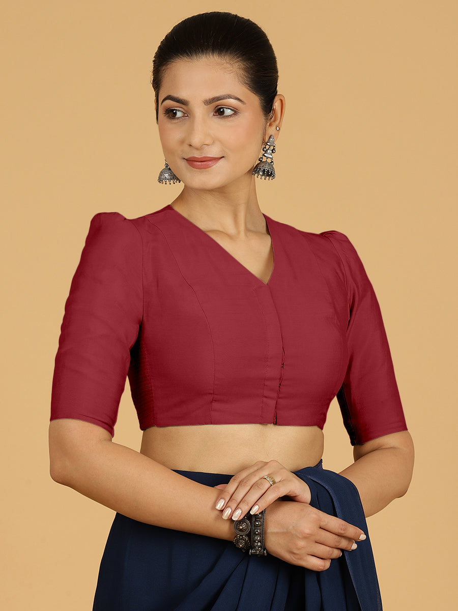 Shravani x Rozaana Saree Blouse, in Red Viscose, featuring elbow sleeves and v-neckline, made for daily & work (view 6).