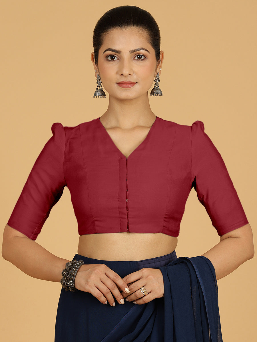 Shravani x Rozaana Saree Blouse, in Red Viscose, featuring elbow sleeves and v-neckline, made for daily & work (view 8).