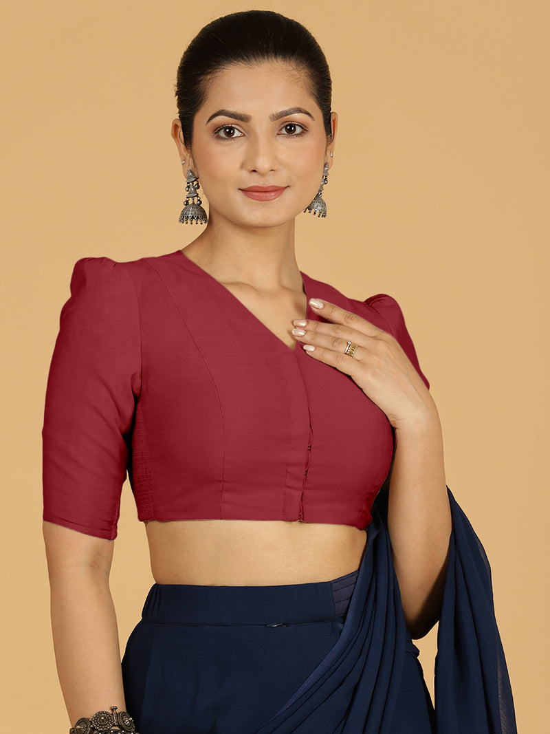 Shravani x Rozaana | Puff Sleeves Saree Blouse in Scarlet Red-Binks