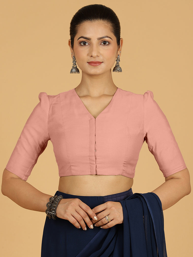 Shravani x Rozaana Saree Blouse, in Pink Viscose, featuring elbow sleeves and v-neckline, made for daily & work.