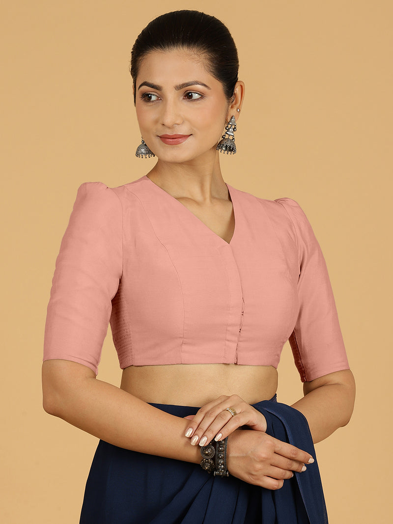 Shravani x Rozaana | Puff Sleeves Saree Blouse in Sea Pink-Binks