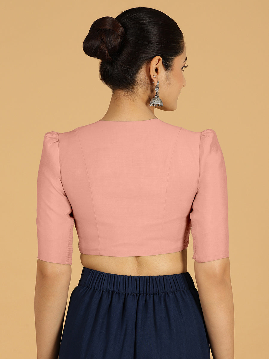 Shravani x Rozaana Saree Blouse, in Pink Viscose, featuring elbow sleeves and v-neckline, made for daily & work (view 2).