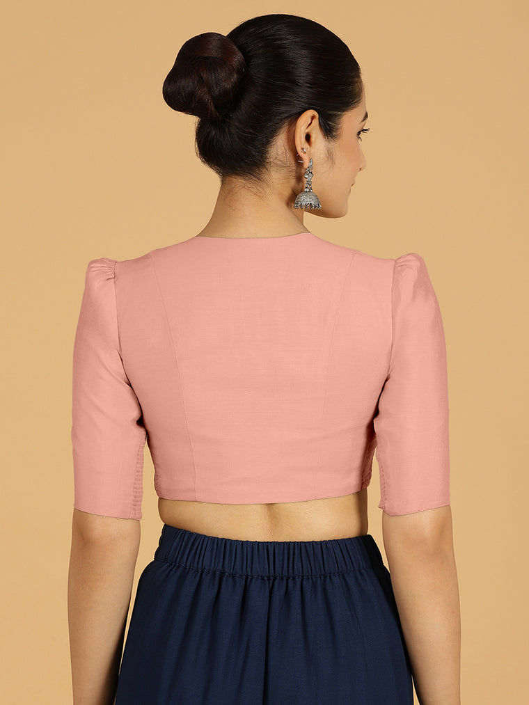 Shravani x Rozaana Saree Blouse, in Pink Viscose, featuring elbow sleeves and v-neckline, made for daily & work (view 2).