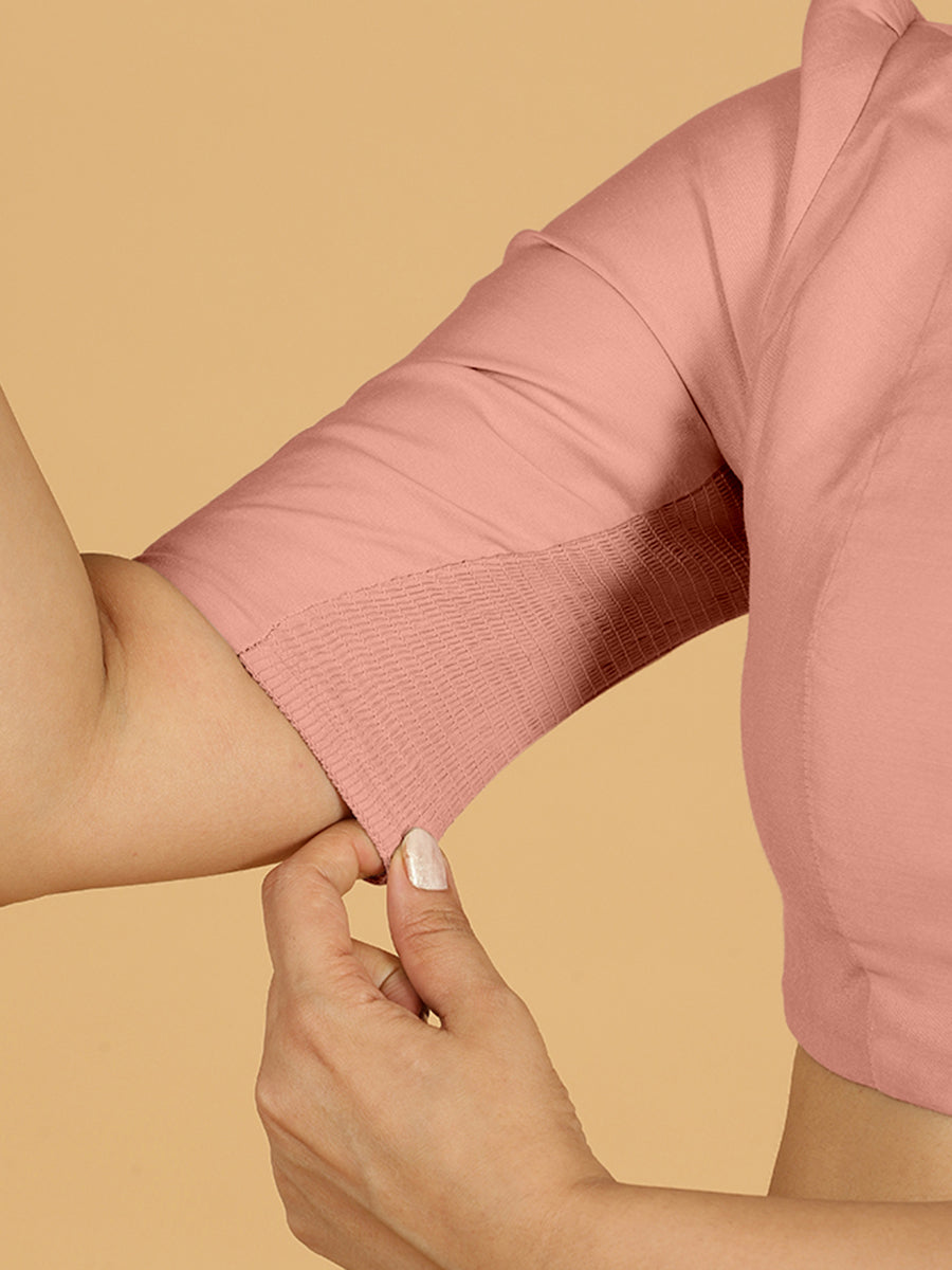 Shravani x Rozaana Saree Blouse, in Pink Viscose, featuring elbow sleeves and v-neckline, made for daily & work (view 5).