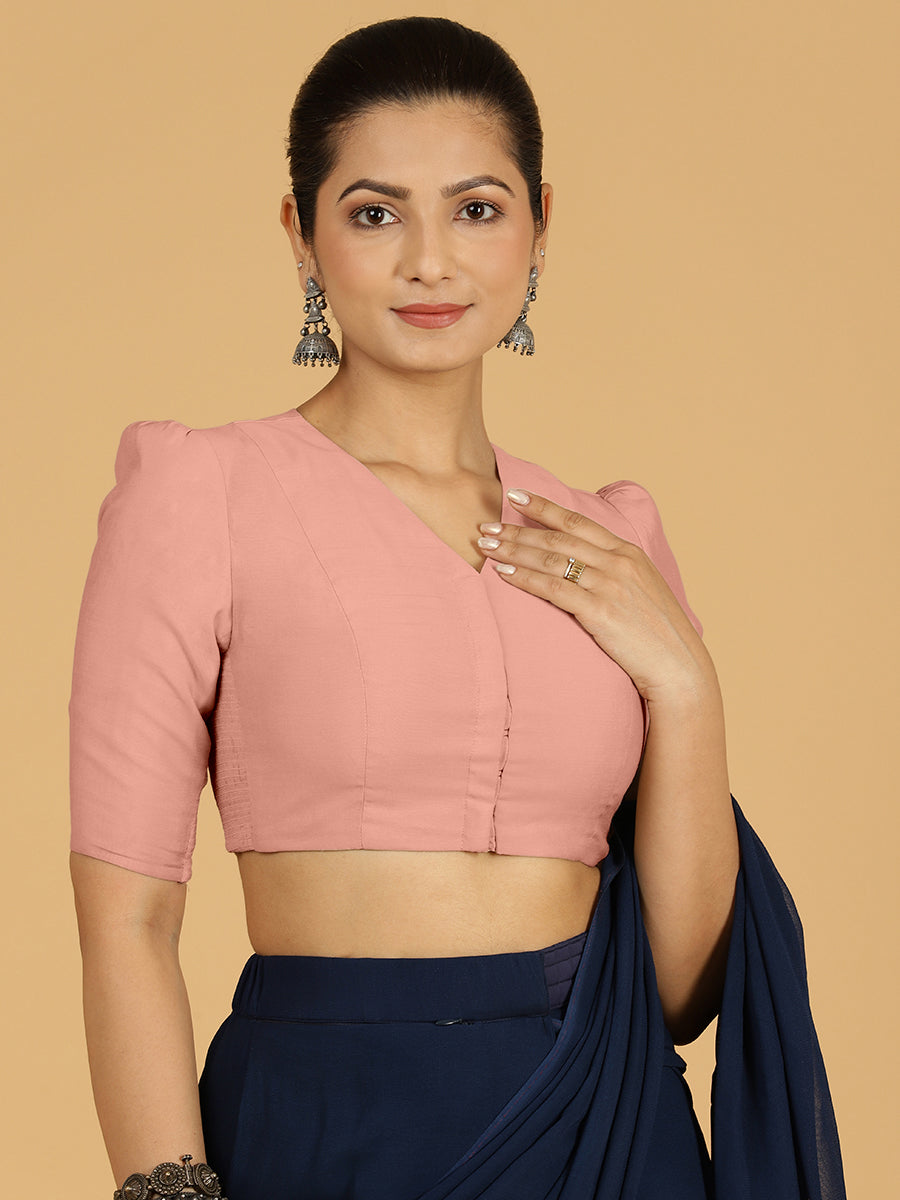 Shravani x Rozaana Saree Blouse, in Pink Viscose, featuring elbow sleeves and v-neckline, made for daily & work (view 8).