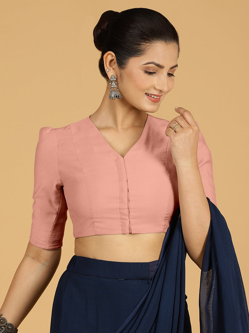 Shravani x Rozaana | Puff Sleeves Saree Blouse in Sea Pink-Binks
