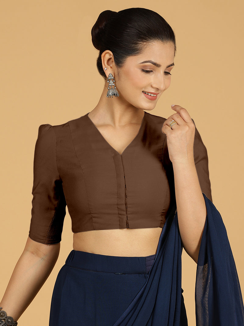 Shravani x Rozaana | Puff Sleeves Saree Blouse in Walnut Brown-Binks