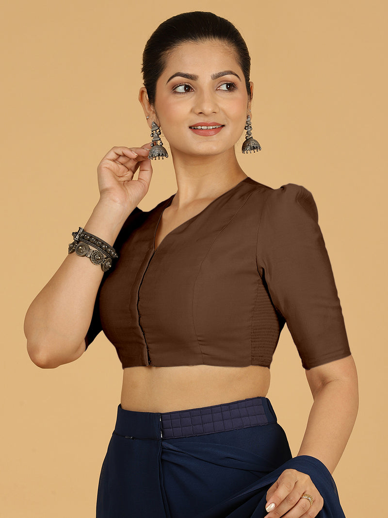 Shravani x Rozaana | Puff Sleeves Saree Blouse in Walnut Brown-Binks