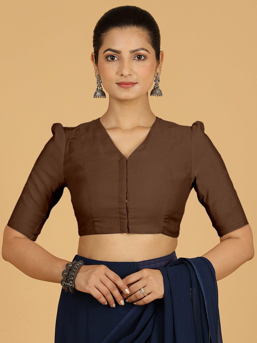 Shravani x Rozaana Saree Blouse, in Brown Viscose, featuring elbow sleeves and v-neckline, made for daily & work (view 8).