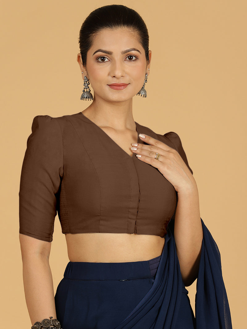 Shravani x Rozaana | Puff Sleeves Saree Blouse in Walnut Brown-Binks