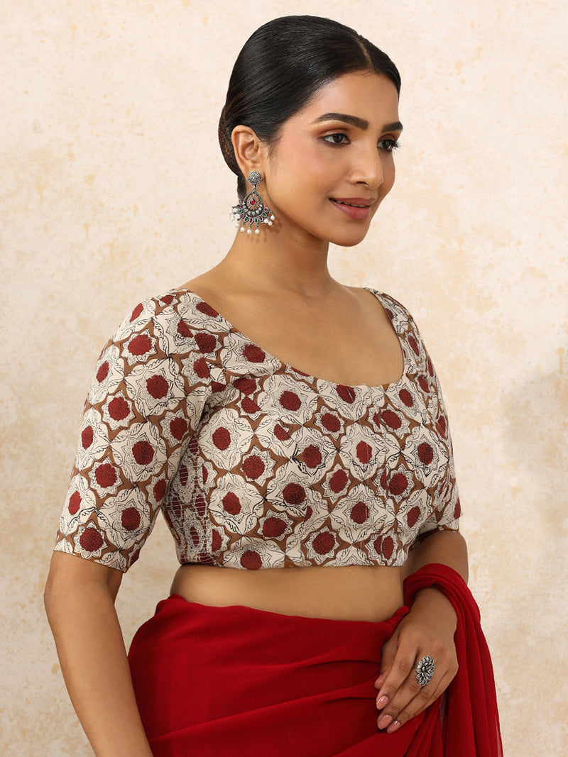 Shruti x Rozaana Saree Blouse, in Cream 100% Cotton - Block Printed, featuring elbow sleeves and round neckline (view 10).