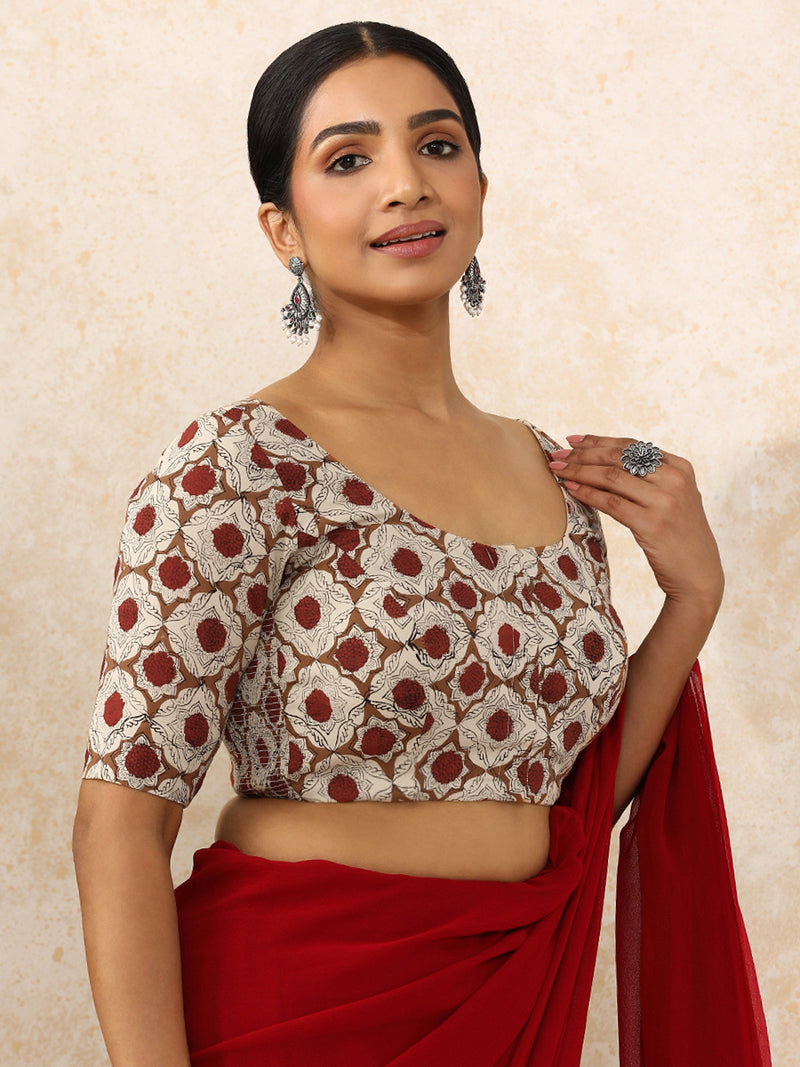 Shruti x Rozaana Saree Blouse, in Cream 100% Cotton - Block Printed, featuring elbow sleeves and round neckline (view 11).