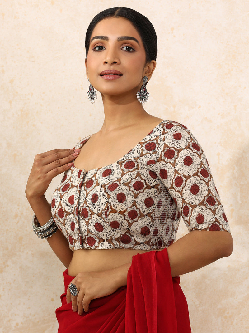 Shruti x Rozaana Saree Blouse, in Cream 100% Cotton - Block Printed, featuring elbow sleeves and round neckline (view 14).